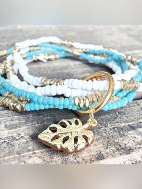 Turquoise & White Beaded Leaf Charm Bracelet - Gold Accent